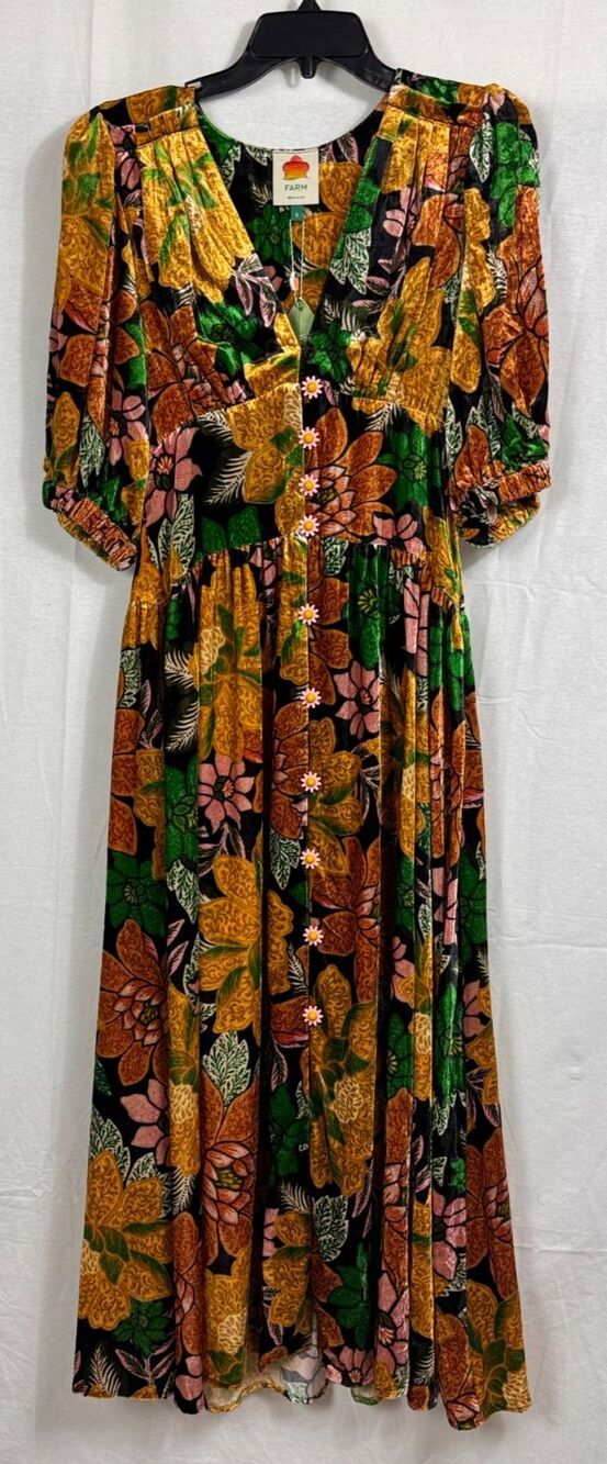 Farm Rio Garden Black Midi Velvet Dress, Small, New! Retail $345